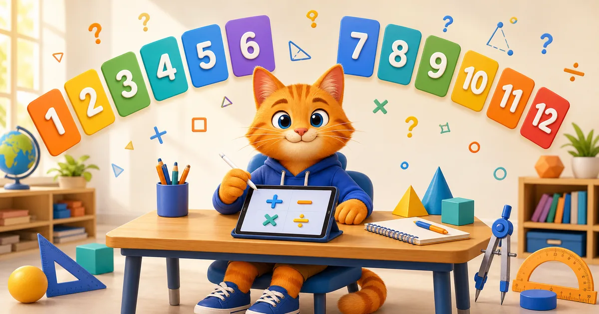 Linksmas Katestai katinas ir matematikos klasės nuo 1 iki 12