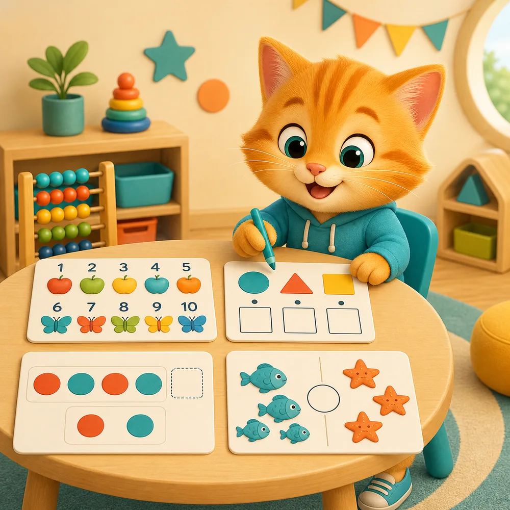 Linksmas Katestai katinas sprendžia vaizdines matematikos užduotis ikimokyklinukams