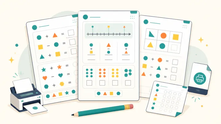 Spausdinamų matematikos testų lapai, atsakymų lapas ir spausdintuvas