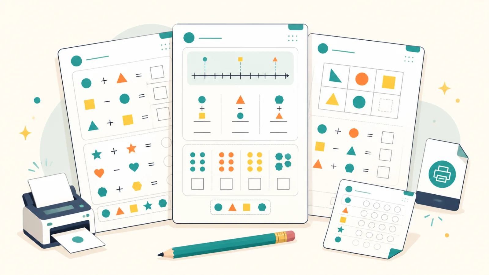 Spausdinamų matematikos testų lapai, atsakymų lapas ir spausdintuvas