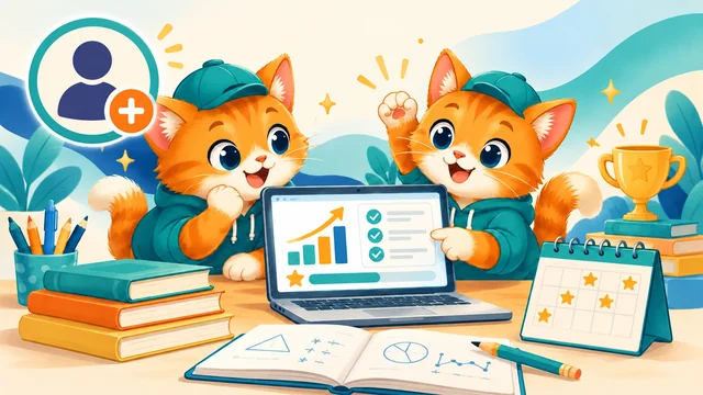 Katestai kačiukai prie kompiuterio su pažangos grafiku, taure ir kalendoriumi