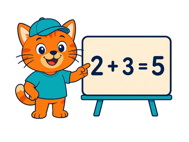 Katinas prie lentos aiškina matematikos užduotį